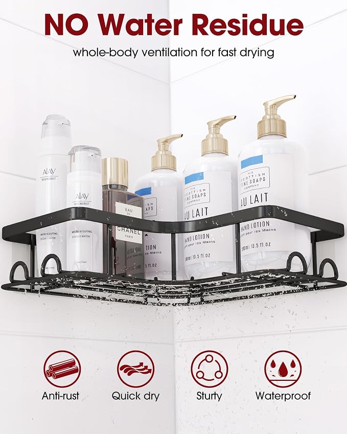 Sakugi Corner Shower Caddy - 2 Pack, Adhesive Shower Organizers, Rustproof Stainless Steel Shower Shelves with 8 Hooks, No Drilling Bathroom Organizers and Storage Racks, Space-Saving, Black, Large - Image 7