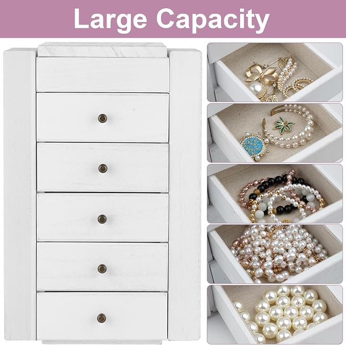 Meangood White Jewelry Box Wood for Women, 6-Layer Large Organizer Box with Mirror & 5 Drawers for Rings, Earrings, Necklaces, White - Image 3