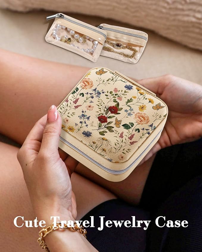 Bistup Travel Jewelry Case - Small Jewelry Organizers and Storage Box for Women Girls Teens Cute Traveling Jewelry Holder with Mirror Little Tiny Compact Flower Floral Modern Unique Aesthetic Pretty - Image 3