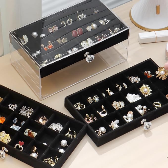 SPAKOWN Earring Box Holder Organizer Case, Clear Velvet Jewelry Storage Tray Organizer for Earring Ring Stud (Black - 3 Drawers) - Image 3
