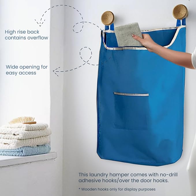 The Fine Living Co. X-Large Hanging Laundry Hamper with Over Door Hooks & Adhesive, Durable Space Saving Laundry Bag with Zipper and Wide Open Top, Hanging Dorm Laundry Hamper 20"x3.75"x31" (Blue-XL) - Image 4