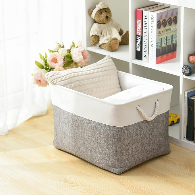 TheWarmHome Storage Bins Baskets for Organizing, 20.5L×15.7W×13.8H 3 Pack Sturdy Fabric Storage Basket W/Handles, Decorative Foldable Storage Baskets for Shelves Closet Nursery Toy (White & Grey) - Image 4