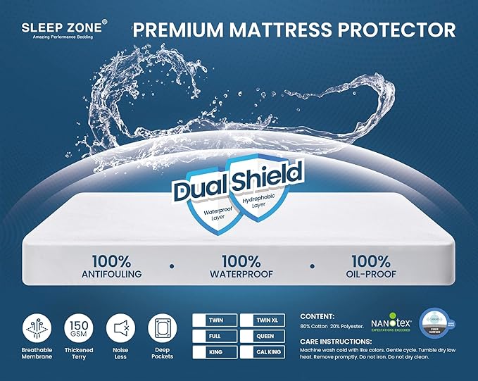 SLEEP ZONE Twin Mattress Protector Waterproof Soft Cotton Terry Breathable Mattress Cover, Washable Noiseless with Deep Pocket 8"-21"