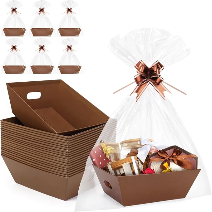 AFOROEOA 20PACK Baskets for Gifts Empty, 12x10x4” Thick Brown Gift Basket with Handles, 20 Bows & 20 Bags - Empty Gift Baskets for Christmas, Thanksgiving, Wedding, Birthday Party, Wrapping Gifts by AFOROEOA
