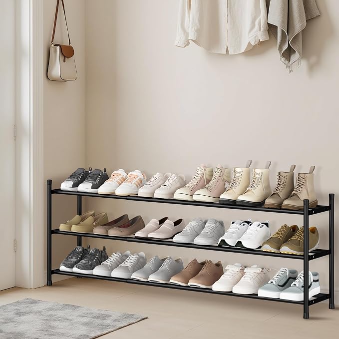 STORAGE MANIAC Long Expandable Shoe Rack, 18 Pairs Metal Wide Stackable Shoe Rack, Adjustable Shoes Shelf, Freestanding Shoes Organizer for Closet, Entryway, Hallway, Garage, Front Door, 3 Tiers - Image 6