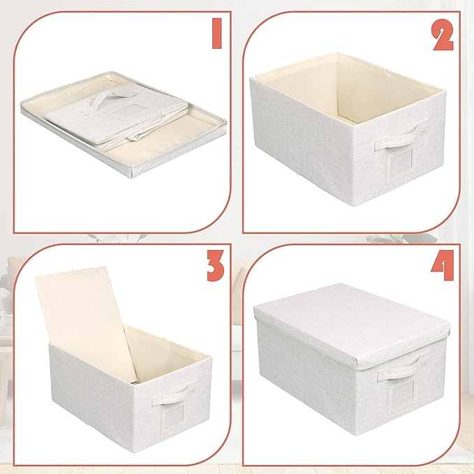 Large 17''x12'' Quart Collapsible Stackable Storage Bins with Lids, 2 Packs Off White Fabric Closet Boxes with Lids, Storage Cube Baskets Container Organizers for Bedroom Office(17''x12.2x''8'') - Image 5