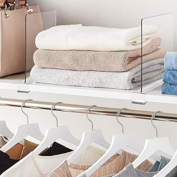 BAUMFEUER 16 Pack Clear Acrylic Shelf Dividers for Closet Shelf Organizer of Bedroom Kitchen Office Bathroom Organizer for Clothes Books Hats and Handbags - Image 7