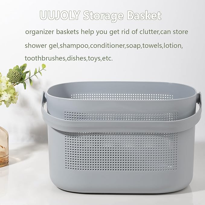 UUJOLY Plastic Storage Baskets with Handles, Shower Caddy Shelf Organizers Basket for Bathroom, Kitchen, Dorm Room, Gray - Image 2