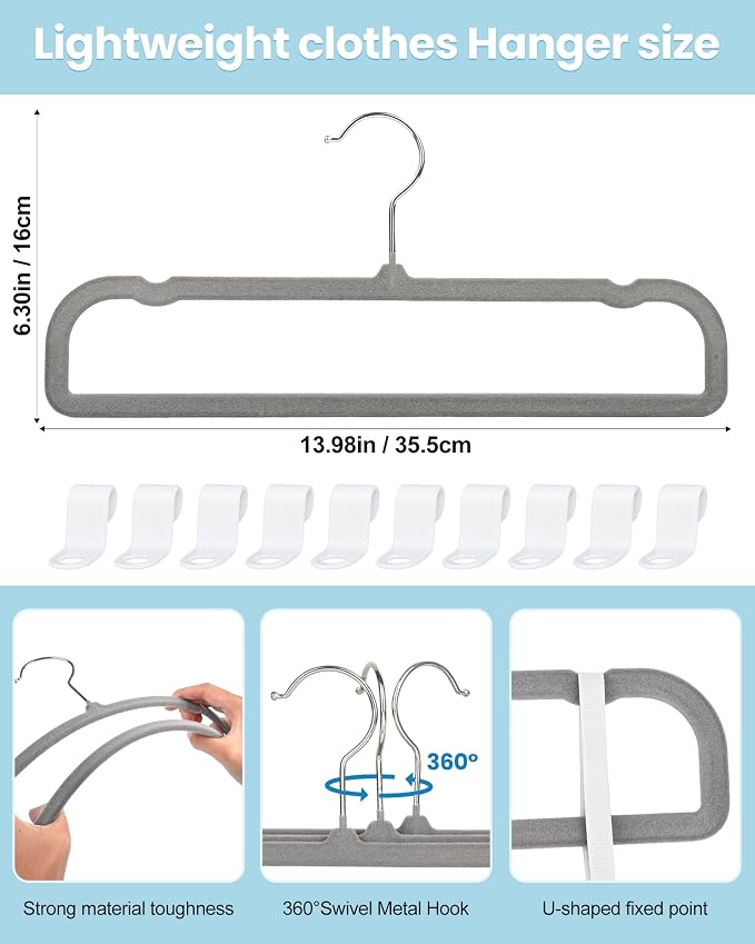 Velvet Hangers Non Slip - 20 Pack Pants Hangers for Closet - Thin Space Saving Clothes Hanger - Strong, Durable, Jean Perchas with 360 Degree Rotatable Hook for Tank Top (Grey Silver Hook) - Image 3