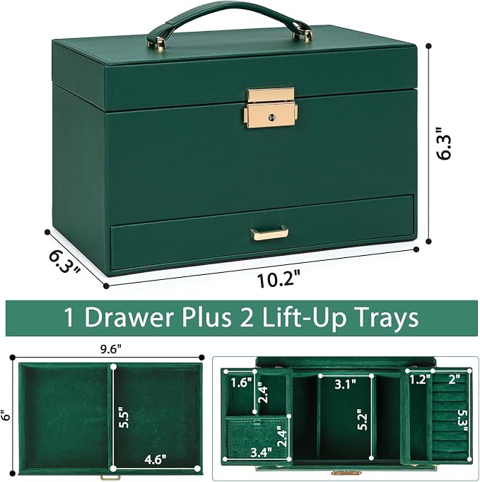 AKOZLIN Travel Jewelry Box Organizer Functional 2-trays Leather Jewelry Storage Case with Lockable Portable Drawer for Women Girls Ring Necklace Earring Bracelet - Image 5