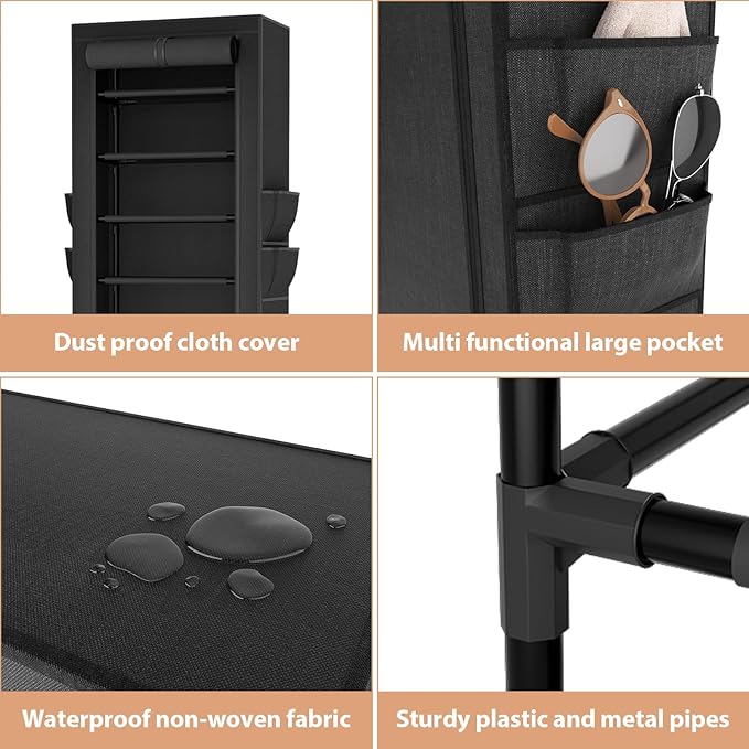VTRIN Vertical Narrow Shoe Rack Organizer 10 Tier Tall Shoe Shelf Holds 20-22 Pairs with Non-Woven Dustproof Cover for Closet, Entryway Black - Image 4
