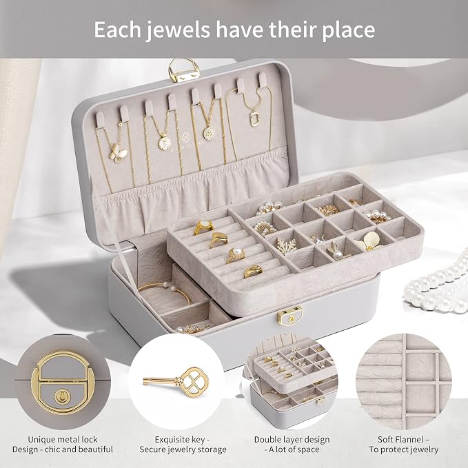 VLANDO Jewelry Boxes for Women,2 Layers Jewelry Box with Lock,Birthday Gifts for Women Girls,Jewelry Organizers for Earrings Necklace,Rings Storage Grey - Image 2