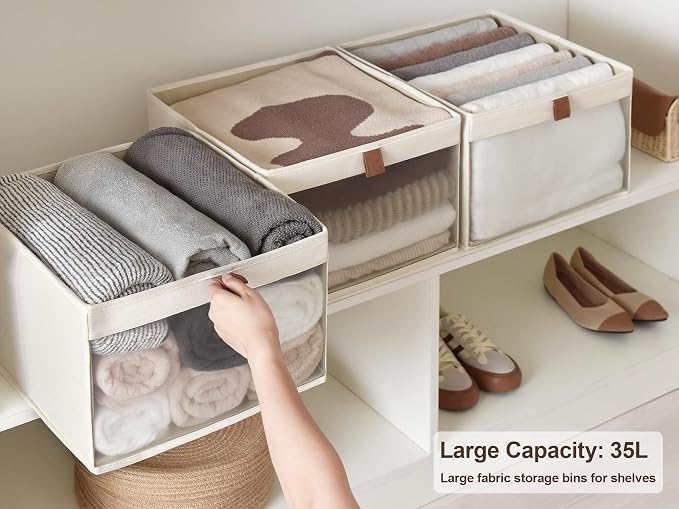 StorageWorks Closet Storage Bins, Extra Large Storage Baskets with Clear Window and Handles, Foldable Fabric Organizer for Clothes, Shelves, Beige, 3 Pack - Image 2