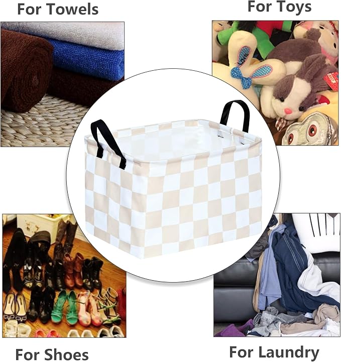 MAIZMZ Beige Check Storage Basket Baby Toys Organizer Bins Decorative Gifts Bakset Waterproof Nursery Hamper Women Storage Cube Kids Laundry Basket for Home/Dorm/Kitchen/Pet/Office/Closet/Shelf/ - Image 5