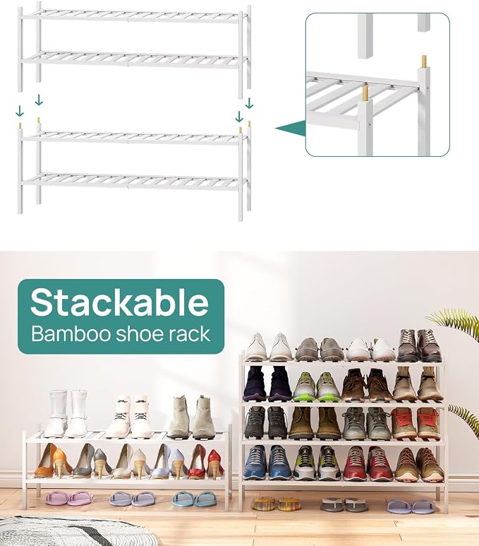viewcare Long Shoe Rack for Entryway,Shoe Organizer for Hallway Closet, Bamboo Wood Shoe Racks for Indoor Outdoor (White, 2-Tier Long) - Image 6