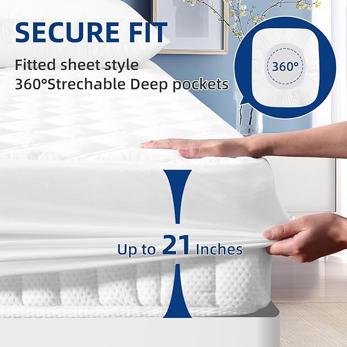 Twin XL Mattress Protector, Breathable Waterproof Mattress Pad Cover Fitted Deep Pocket 8"-21", Soft Noiseless Mattress Cover Washable Cooling Padded ffor Home, College Dorm, White