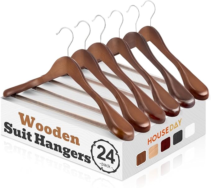 HOUSE DAY Wood Suit Hangers for Men 24 Pack, Smooth Wide Shoulder Wooden Hangers with Non Slip Pant Holder, Wide Hangers for Suits, Coats, Jackets, Heavy Wide Clothes Hanger, Walnut by HOUSEDAY