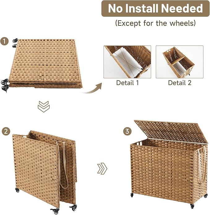 Laundry Hamper with Wheels, 52.8 Gallon(200L) Rolling Laundry Basket with Lid, 3-Section Rattan Clothes Hamper with 3 Removable Liner & 3 Mesh Bags, Laundry Sorter with Side Pocket, Natural - Image 7