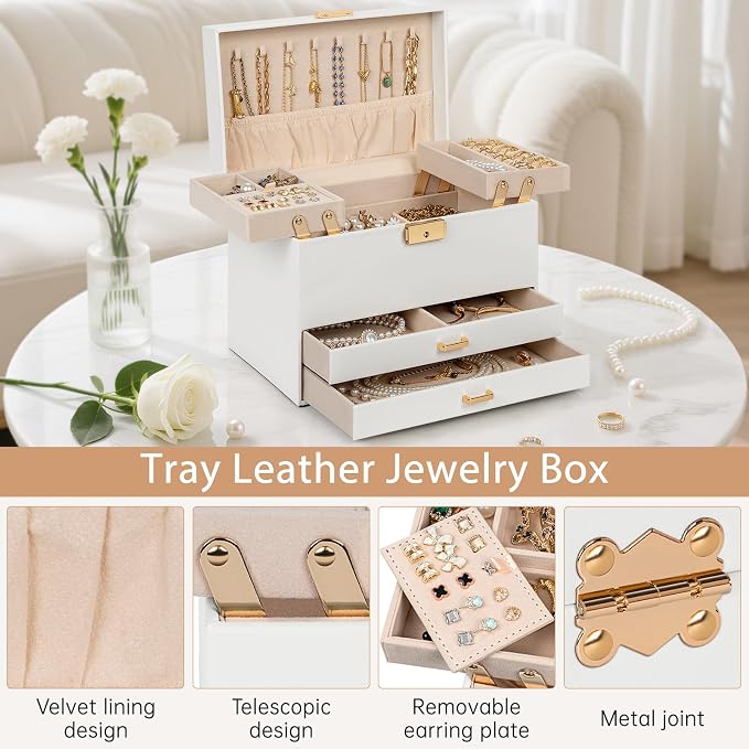 AKOZLIN Travel Jewelry Box Organizer Functional 2-trays Leather Jewelry Storage Case with Lockable Portable 2 Drawers for Women Girls Ring Necklace Earring Bracelet - Image 7