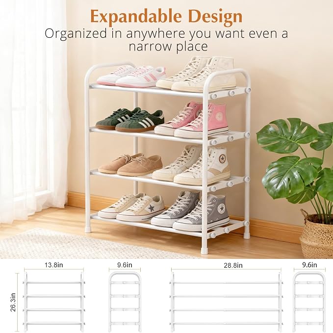 INSMART 4-Tier Expandable Shoe Rack, Stackable and Adjustable Shoes Organizer Storage Shelf, Sturdy and Durable Metal Structure Free Standing Shoe Rack for Closet Entryway Doorway, White - Image 2