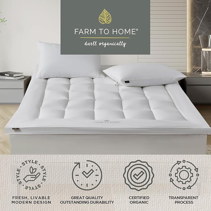 Farm to Home Organic Cotton Pillow Top Mattress Topper - Quilted Fitted Mattress Pad Cover with 16 Inch Deep Pocket, 2 Inch Down Alternative Mattress Protector for Support - Twin Size, White