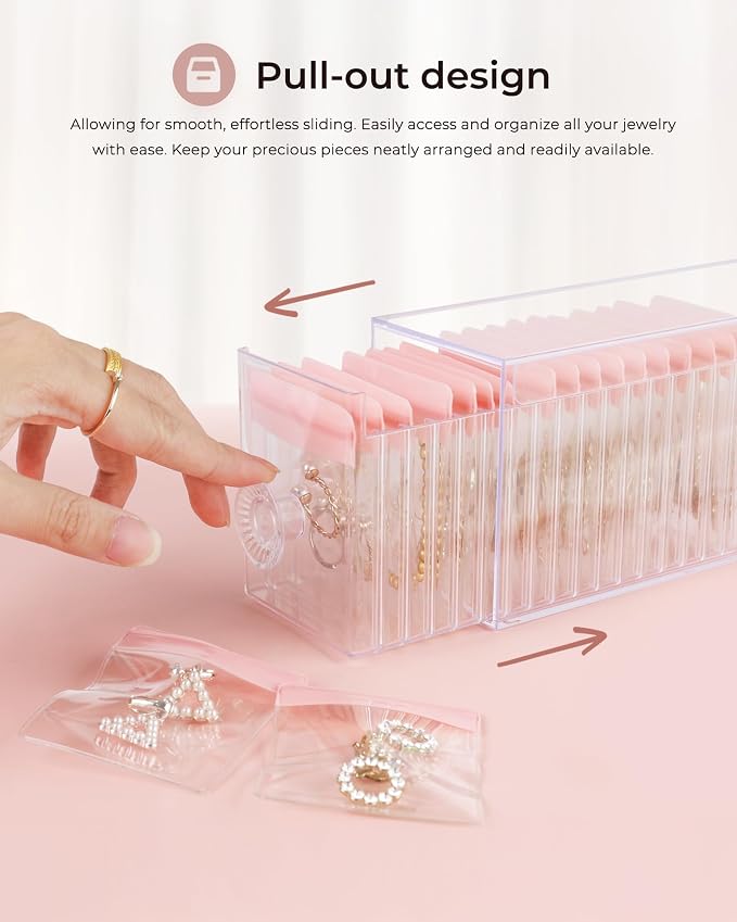 HOMEHIVE Clear Acrylic Jewelry Organizer Box with 20 Portable Pouches, Jewelry Storage Case for Women Girls, Tangle-Free, Anti-Tarnish, Compact Storage for Necklaces/Earrings/Rings, Upgraded Pink - Image 2