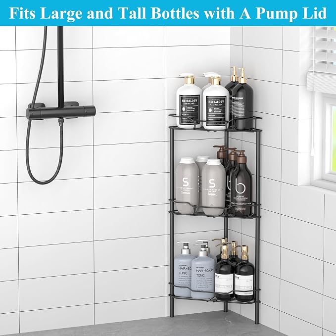 HuggieGems 3 Tier Floor Standing Corner Shower Caddy Organizer Shelf with Hooks, Bathroom Shelves Stand Rack, Matt Black - Image 4