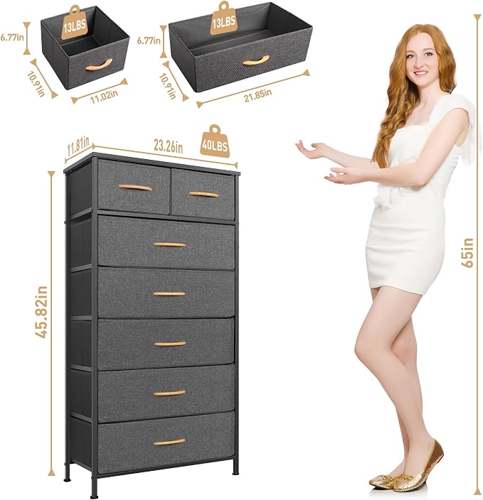 Mifuro Tall Dresser for Bedroom, Vertical Storage Organizer Tower with 7 Drawers, Chest of Drawers with Fabric Bins, Steel Frame, Wood Top for Bedroom, Closet, Entryway- Grey - Image 3