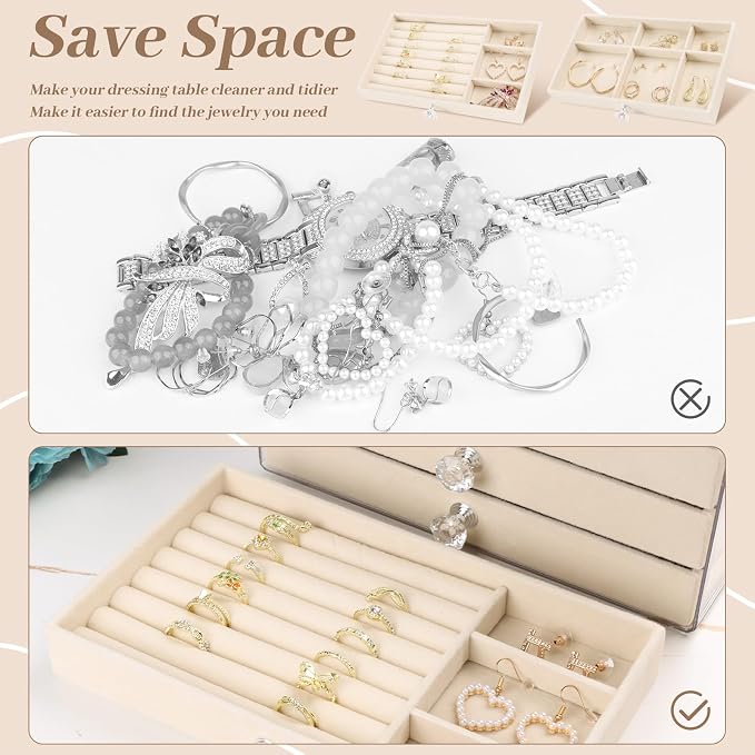 Hyber&Cara Luxury Acrylic Jewelry Box Organizer - 5 Drawers Velvet Lined Clear Stackable Storage for Earrings Necklaces Rings Bracelets Elegant Beige Dresser Top Vanity Display - Image 4
