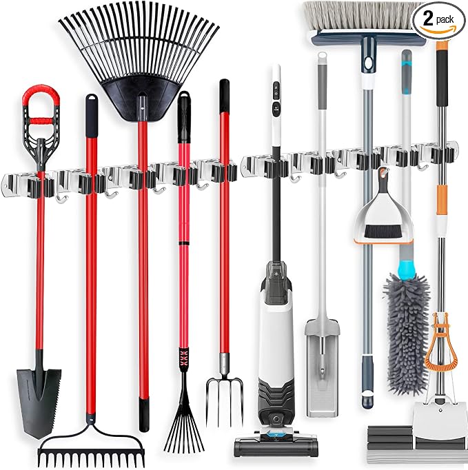 IMILLET 2 Pack Wall Mount Broom Holder Stainless Steel 5 Racks with 4 Hooks Broom Organizer Self Adhesive Heavy Duty Laundry Room, Garage Organization Storage by IMILLET