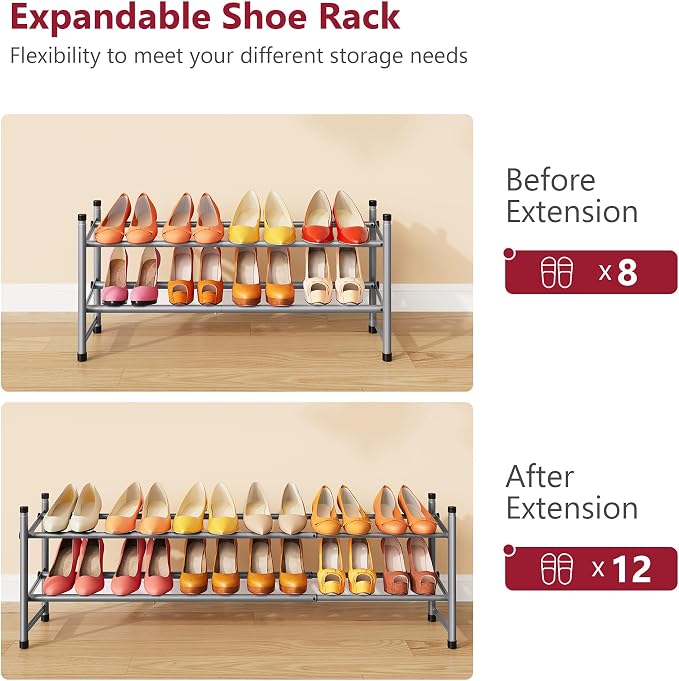 Tajsoon 2 Tier Expandable Shoe Rack for Closet, 28“-41“Adjustable & Stackable Shoe Shelf Storage, Metal Shoe Rack Organizer for Front Door Entrance, Closet, Garage, Entryway, Grey - Image 7