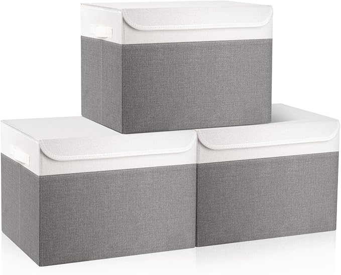 Bagnizer Large 17" 42 Quarts Collapsible Stackable Storage Bins with Lids [3-Pack] Foldable Fabric Linen Storage Boxes Cube, Closet Organizer Baskets with Label (16.7 x 12 x 12, Gray & White) by Bagnizer