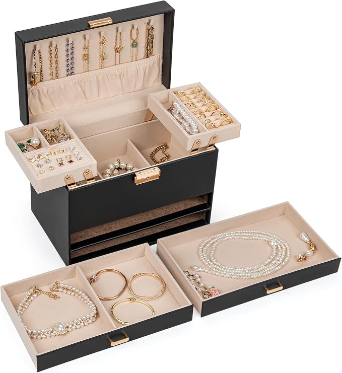 AKOZLIN Travel Jewelry Box Organizer Functional 2-trays Leather Jewelry Storage Case with Lockable Portable 2 Drawers for Women Girls Ring Necklace Earring Bracelet - Image 3