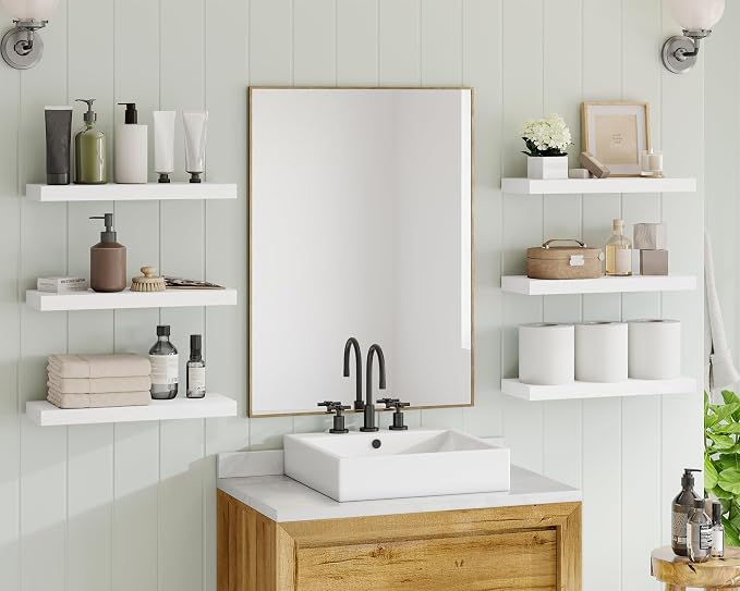 Fixwal White Shelves, 15.8in Floating Shelves, Farmhouse Shelf Wall Decor for Bathroom, Bedroom, Living and Kitchen Set of 6 - Image 2