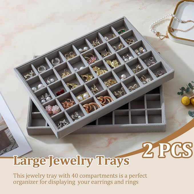 Large Velvet Jewelry Tray 2 Pack Stackable Jewelry Display Drawer Inserts Trays Organizer for Earring Bracelet Necklace Ring (Gray, 40 Grids) - Image 2