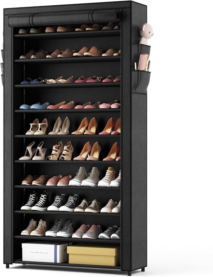 ROJASOP 10 Tier Shoe Rack with Covers,Large Capacity Stackable Tall Shoe Shelf Storage to 50-55 Pairs Shoes and Boots Sturdy Metal Free Standing Shoe Rack Organizer for Closet Entryway Garage by ROJASOP