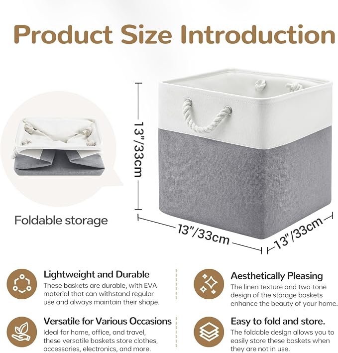 13 x 13 Inch Cube Storage Bins, 6 Pack Fabric Storage Basket with Handles, Foldable Boxes Organizer for Shelf Baskets for Home, Clothes (White/Grey) - Image 7