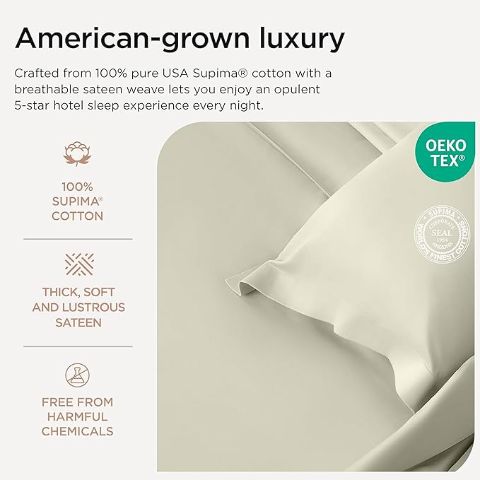 Threadmill Certified 100% American Supima Cotton Sheets, King-Sheets, 1000 Thread Count, 4 Piece Luxury Bed Sheets Set, Hotel Quality Sateen Weave, Ivory Sheet with Elasticized Deep Pocket