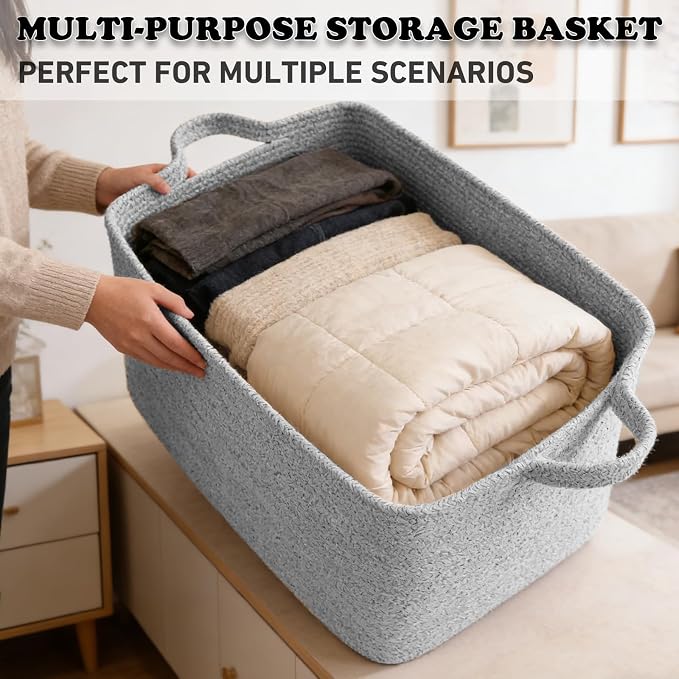 Large Blanket Basket,Woven Rope Basket Storage Bin with Handles,65L Rectangle Laundry Basket for Magazines,Toys,Clothes,Newspaper Shelf Organization,Nursery and Living Room,Grey - Image 5