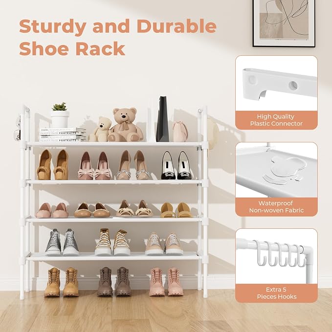 LANTEFUL 4 Tier Shoe Rack for Closet Shoe Organizer with 5 Hooks, Long Shoe Shelf Storage for Shoe and Boot Stackable Free Standing Shoe Rack for Entryway, Garage, Small Spaces, Dorm, White - Image 4