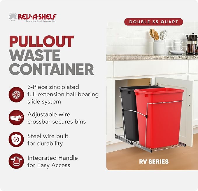 Rev-A-Shelf RV-18KD-1618C-S Double Pullout Trash Can for Kitchen Cabinets 35 Qt Garbage Recycling Bin on Full Extension Slides, Red/Black - Image 2