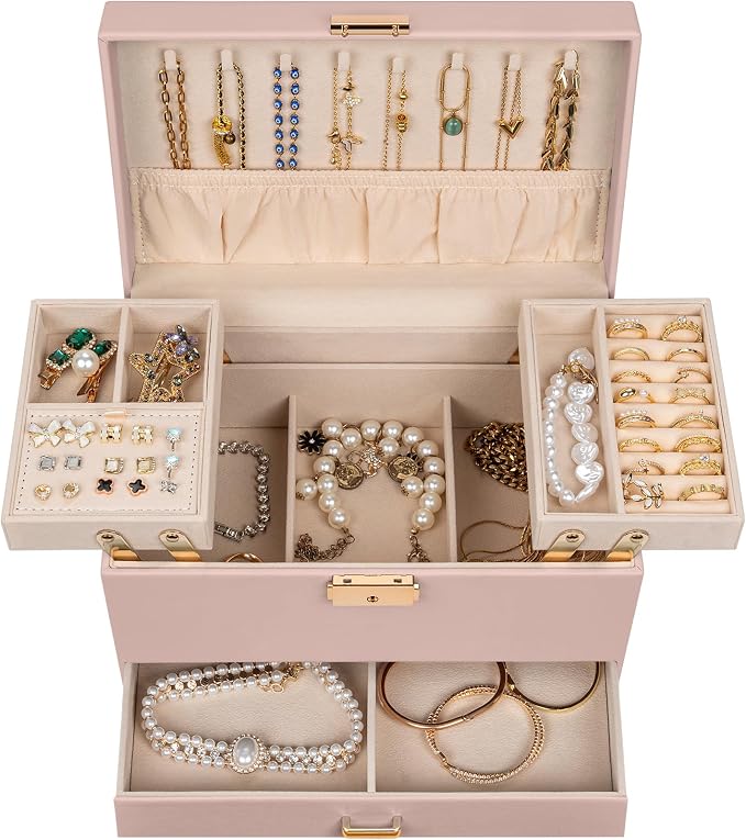 AKOZLIN Travel Jewelry Box Organizer Functional 2-trays Leather Jewelry Storage Case with Lockable Portable Drawer for Women Girls Ring Necklace Earring Bracelet - Image 2