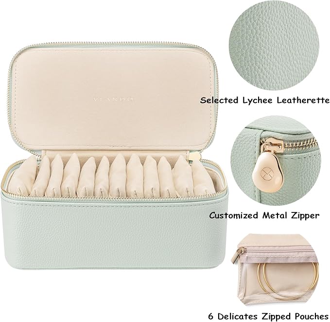 VLANDO Travel Jewelry Box Organizer – Portable PU Leather Jewelry Case with 6/8/12 Zippered Pouches, Compact Storage for Earrings Rings Necklaces Bracelets, Menthol Mambo - Image 7