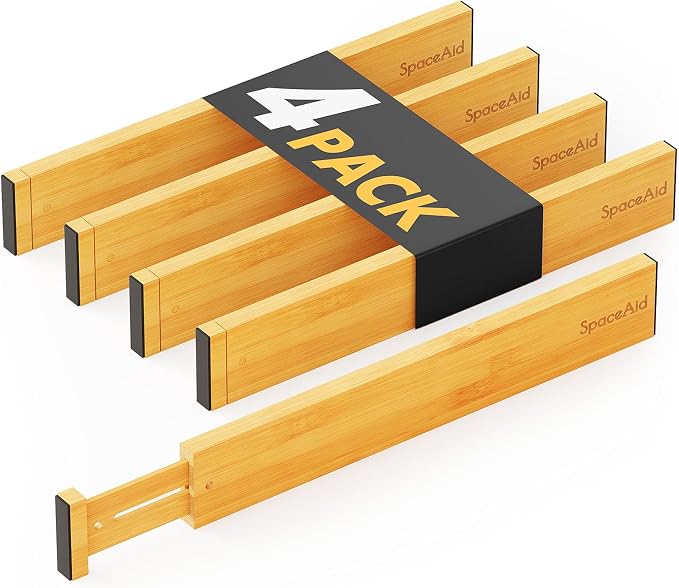 SpaceAid 4 Pack Bamboo Drawer Dividers with Labels, Kitchen Adjustable Drawer Organizers, Expandable Organization for Home Clothes Dressers (17-22 in, Natural) by SpaceAid