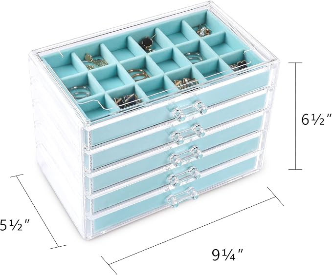 Frebeauty Acrylic Jewelry Organizer Earring Organizer Box with 5 Drawers Earring Holder Organizer with Velvet Trays Clear Jewelry Box for Women Earring Display for Rings Studs(Turquoise) - Image 2