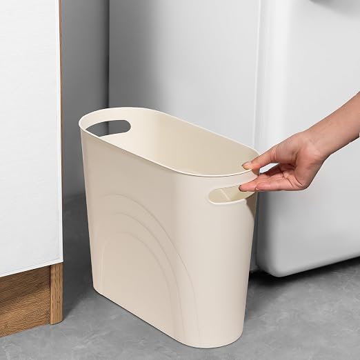 rejomiik Small Trash Can, 3.5 Gallon Slim Garbage Can Plastic Waste Basket with Handles Container Bin for Narrow Spaces Bathroom, Bedroom, Kitchen, Office at Home, Cream - Image 2