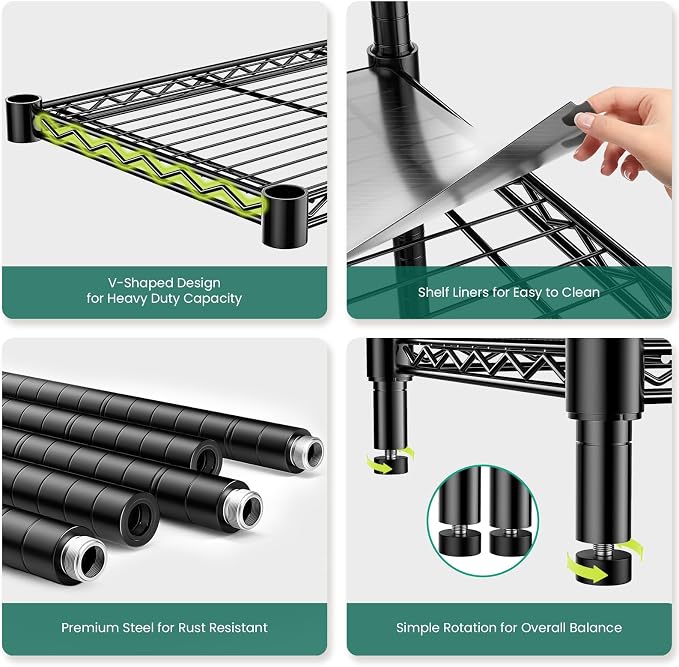 48" W Storage Shelves 1875LBS Metal Shelving, 5-Tier Adjustable Wire Shelving Unit with Liners, Heavy Duty Garage Shelving Steel Rack for Commercial Pantry, 48" W x 18" D x 72" H, Black - Image 7