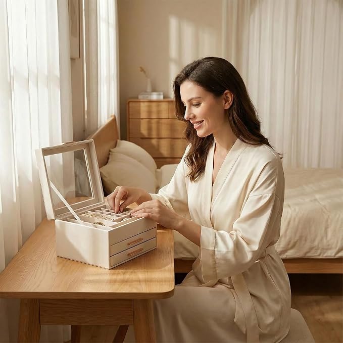 Jewelry Box Organizer with Glass Lid, 3-Layer with Double Drawers, Luxury Velvet Lined Desktop Display Case for Earrings Rings Necklaces, Gift for Women Girls (White) - Image 2