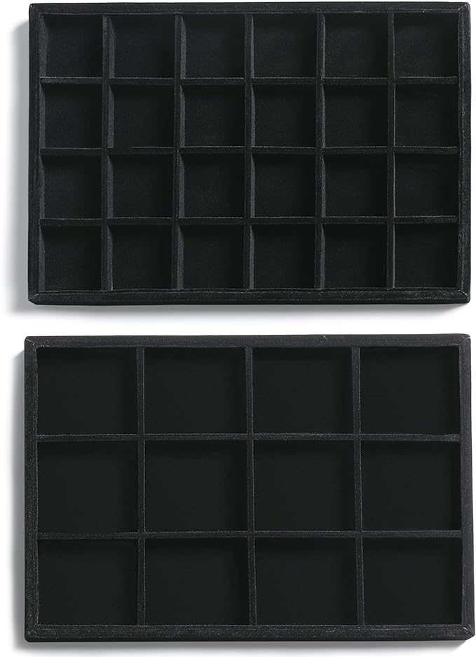 Frebeauty Stackable Velvet Jewelry Organizer Trays for Drawers Inserts Jewelry Storage Tray Display Case, Stud Earrings Bracelets Necklace Rings Accessories Trays for Women (Set of 2 Black) by Frebeauty