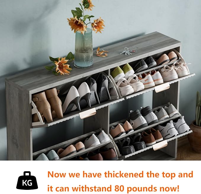 Shoe Cabinet Storage,Modern Freestanding Organizer with 4 Flip Drawers,Narrow Shoe Rack Cabinet for Entryway,Grey - Image 4